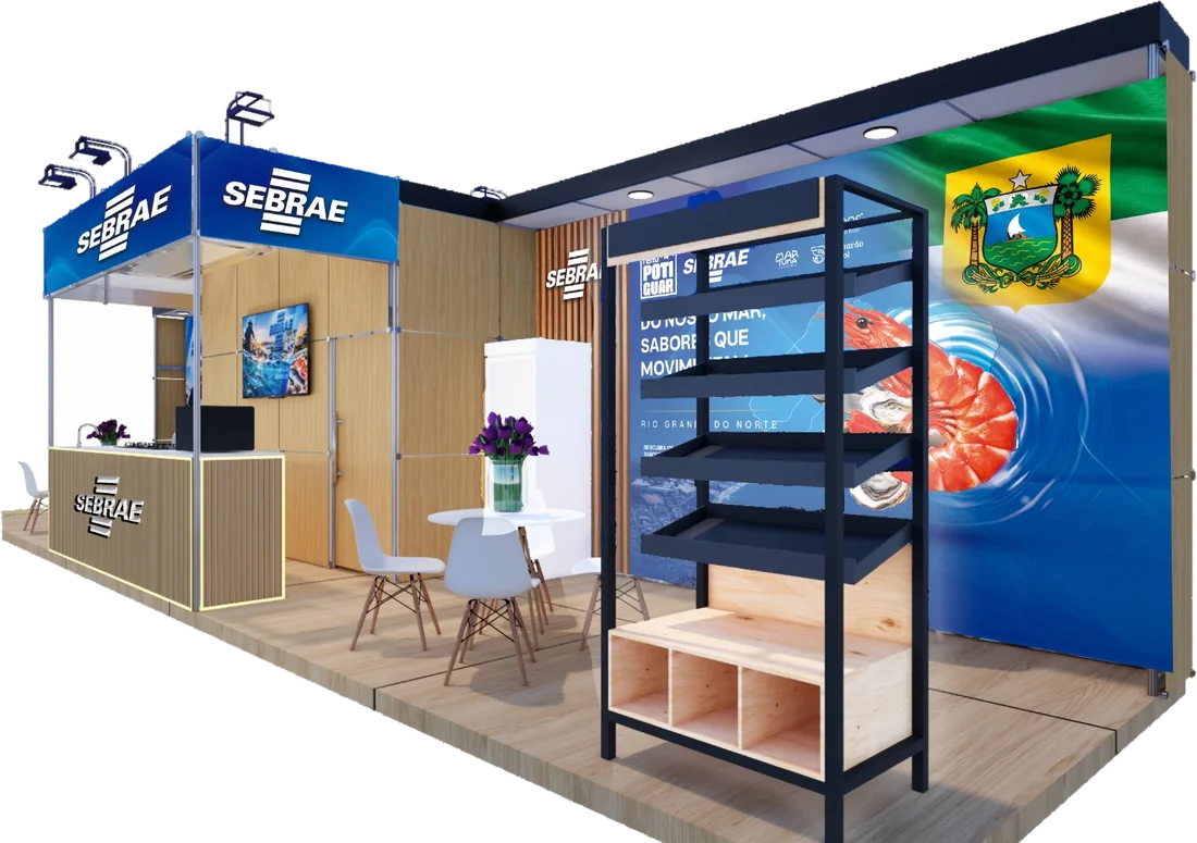Projeto do stand do Sebrae na Seafood Show, com o painel do Rio Grande do Norte e as marcas dos expositores, entre elas a Camarão do Sol
