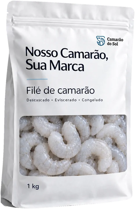 Embalagem de filé de camarão com a mensagem Nosso Camarão, Sua Marca